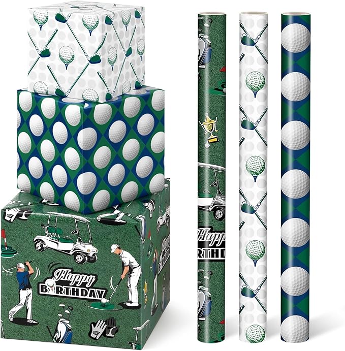 WERNNSAI Golf Wrapping Paper Rolls - 3 Rolls 17” x 10FT Golf Gift Wrap for Dad Men Birthday Father's Day Sport Golfball Golfing Theme Party Retirement Gifts Green Golfball Design