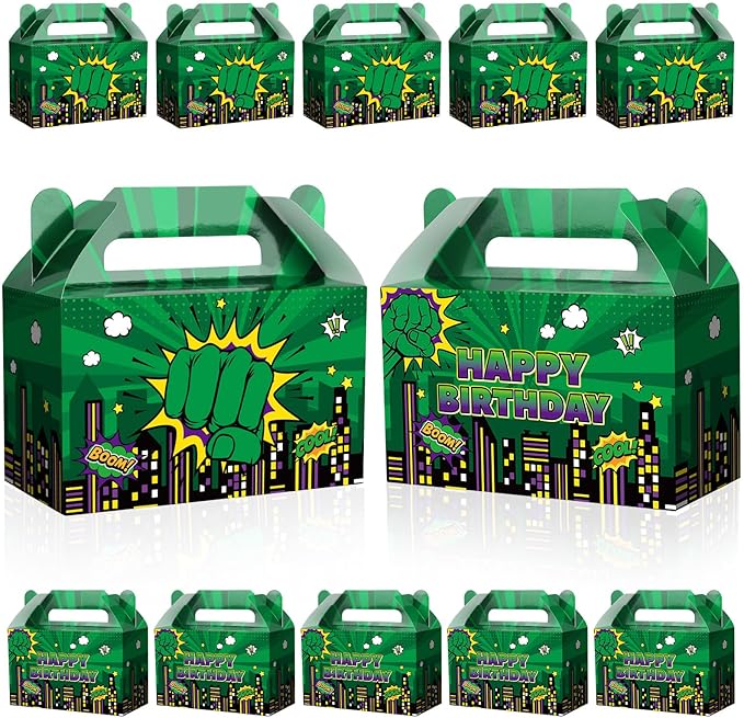 Green Hero Party Decorations Cartoon Green Hero Party Favors Box Super Theme Candy Goodie Treat Boxes for Kids Boys Girls Super Theme Comic City Cityscape Birthday Baby Shower Supplies 24Pcs