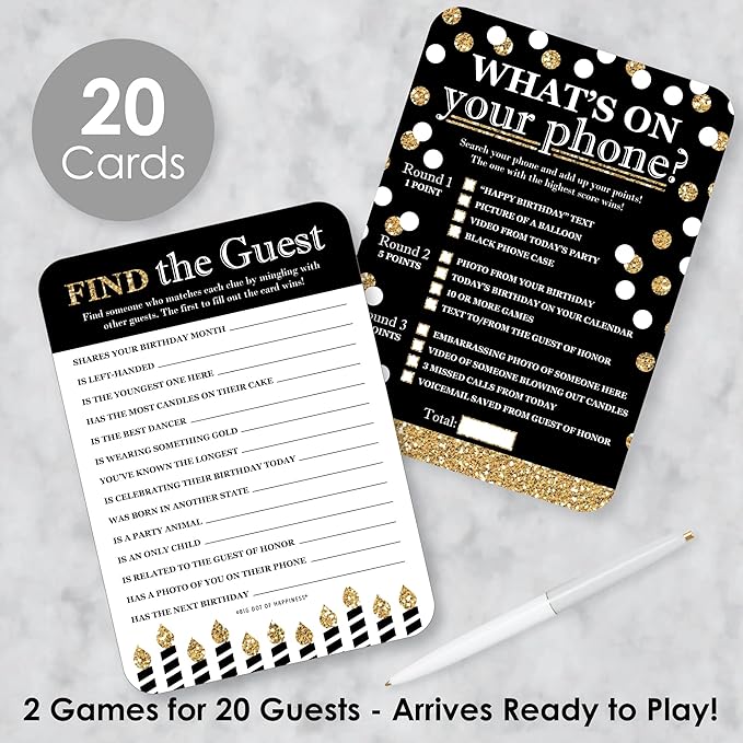 Big Dot of Happiness Adult Happy Birthday - Gold - 2-in-1 Birthday Party Cards - Activity Duo Games - Set of 20