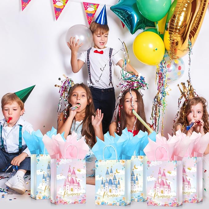 Sherr 30 Pcs Princess Prince Party Favor Bags with Handles Tissue Paper, Blue and Pink Castle Candy Goody Treat Bag Party Supplies for Girls Boys Gender Reveal Baby Shower Birthday Gift