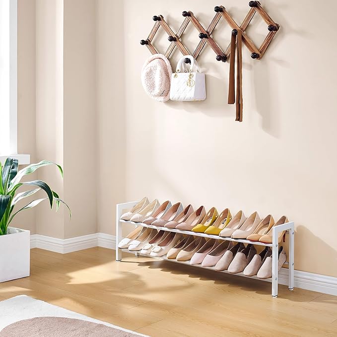FAVOOSTY 2-Tier Expandable Shoe Rack, Adjustable Shoe Shelf Storage Organizer Space Saving Metal Free Standing Shoe Rack for Entryway Closet Doorway, White
