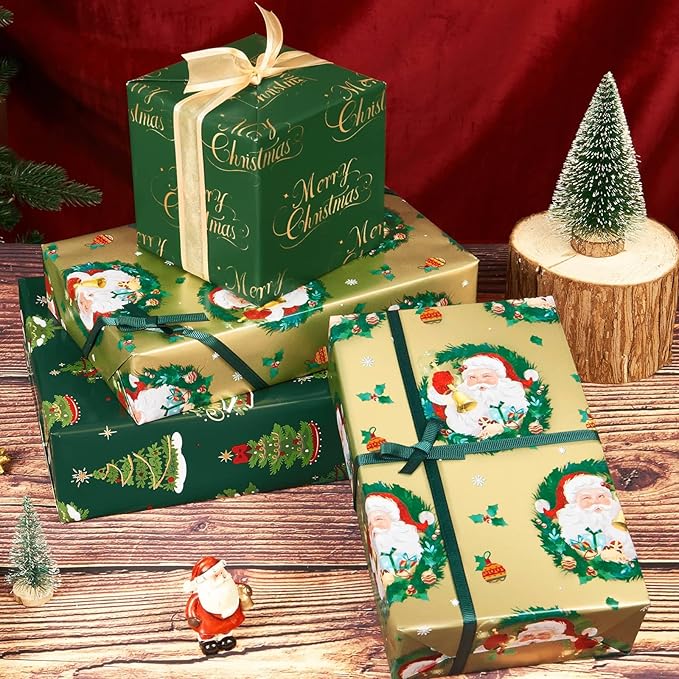 WERNNSAI Christmas Wrapping Paper Rolls - 3 Rolls 17”x 120” Kids Santa Wrapping Paper Xmas Gift Wrap Papers Merry Christmas and Xmas Tree Design for Girls Boys Holidays Party Gift Decoration