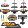 Black Cake Stand, Dessert Table Display Sets Metal Tiered Cupcake Holder Food Fruit Candy Plate Serving Tower Tray Platter With Tong, Cake Knife and Server Set For Wedding Birthday Party Decor 11PCS
