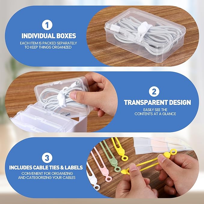 2 Pack Cable Organizer Storage Box with Wire Ties, Desktop Charger Cord Storage Organizer Box, Charger Organizer with Clear Cases Stickers for Office Home Storage Stationery Supplies, Medium