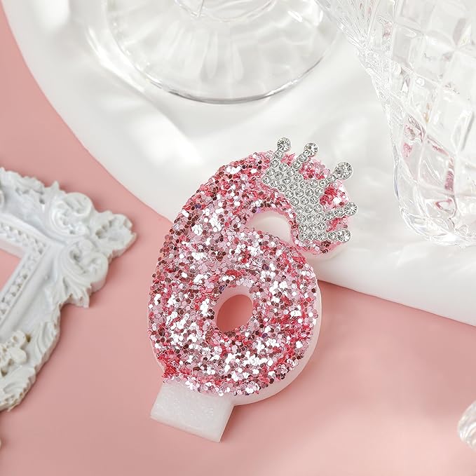 PHD CAKE Birthday Number Candles,Pink Crown Birthday Candles for Cake,Glitter Number 6 Candle Cake Topper with Sequins for Girls,Women, Anniversary Celebrations Supplies