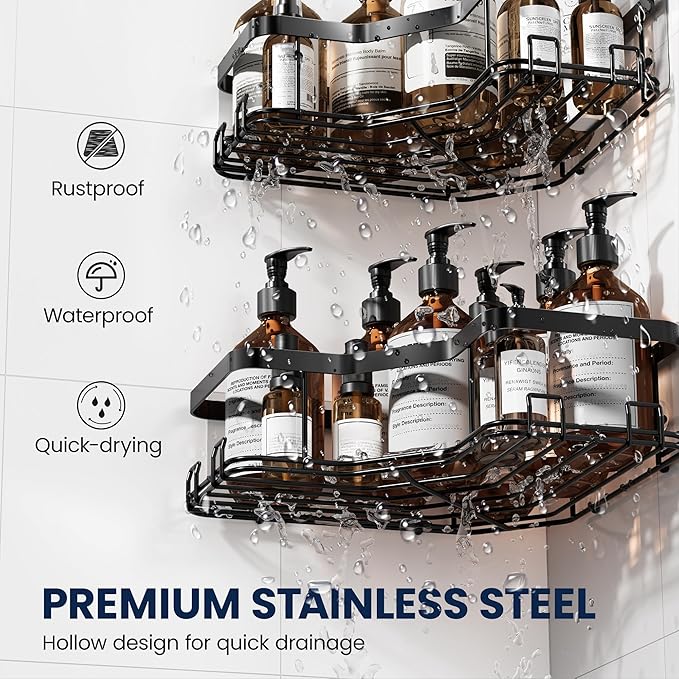MAXIFFE 3 Pack Corner Shower Caddy with Soap Holder, Large Capacity Sturdy Adhesive Stainless Steel No Drilling Shower Organizer Shelves Rack Storage Inside Shower for Bathroom Family Renters, Black