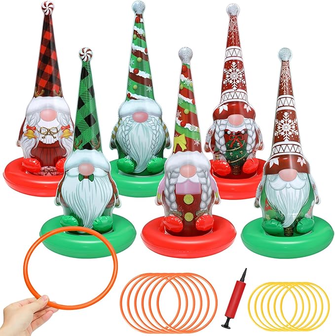 6 Pack Inflatable Christmas Gnome Ring Toss Game,Christmas Party Games for Kids,Adults,Family,Indoor Outdoor Game Garden Toy