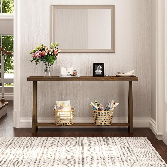 Farmhouse Console Tables for Living Room, 63" Solid Wood 2-Tier Sofa Table, Rustic Hallway Table for Entryway, Natural