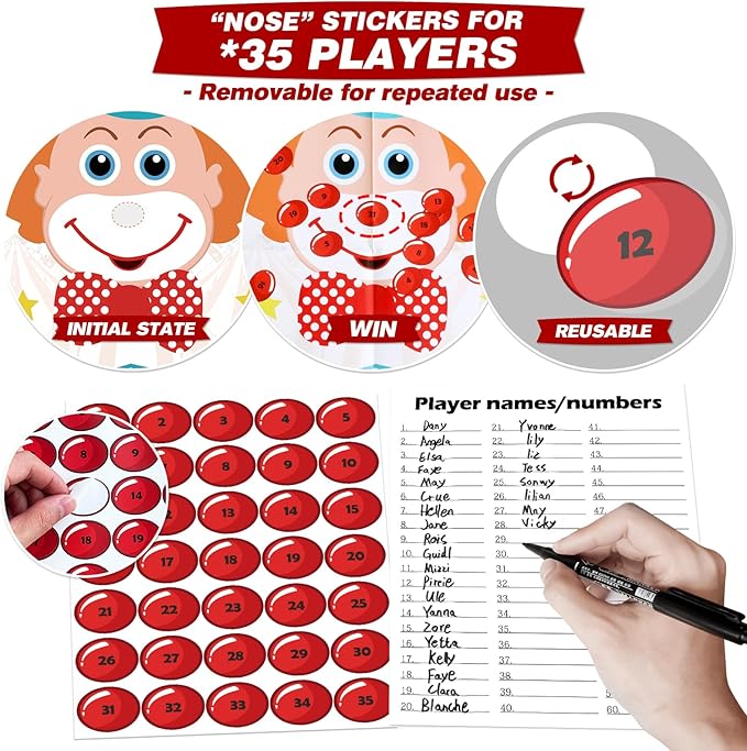 PARTYLOUD Pin The Nose on The Clown, Circus Party Games, Carnival Themed Party Games Toddlers Preschool Party Supplies Favors for Boys Girls Adults 35 Guests