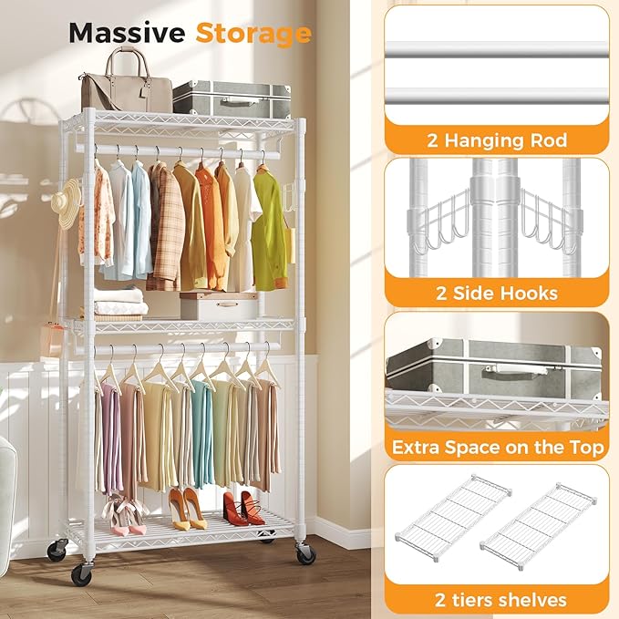 NEWBULIG Heavy Duty Adjustable Clothes Rack with Wheels, Adjustable Rolling Metal Freestanding Garment Closet Organizer with Double Rods & 2 Side Hooks for Hanging Clothes, 35" x 15" x 75", White