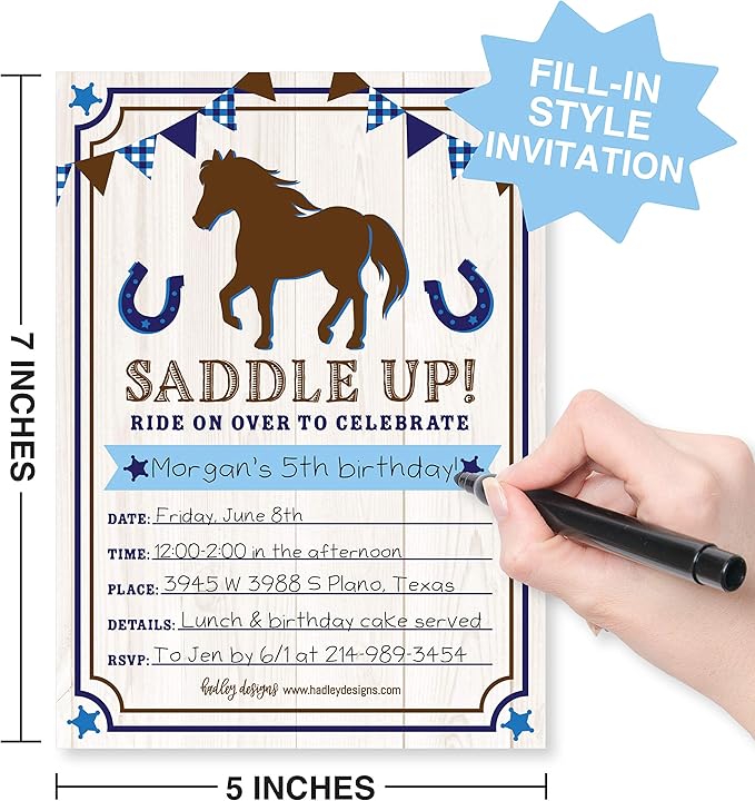 Hadley Designs Kids Birthday Invitations For Boys Horse Theme - 25 Horse Birthday Party Invitations For Boys, Saddle Up Invites For Boy, Cute Pony Party Supplies, Made In USA