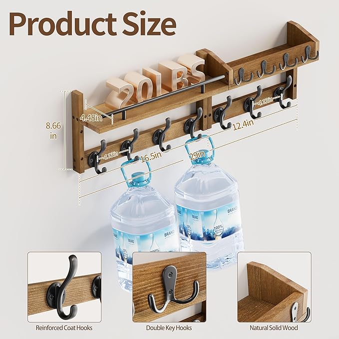 29 inch Coat Rack Wall Mount with Shelf, Entryway Wall Shelf with Hooks, Heavy Duty Coat Hanger Wall Mount with Key Holders and Mail Organizer for Living Room, Bedroom, Brown