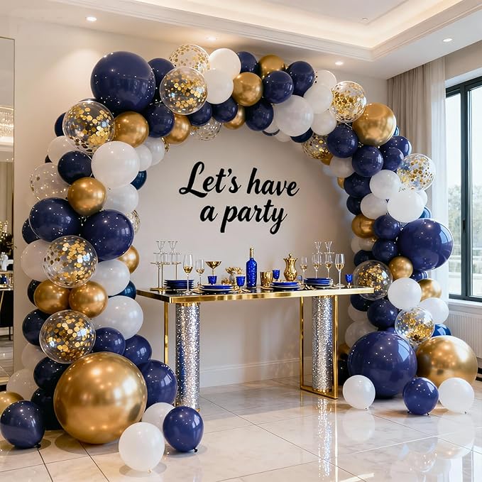 Navy Blue Gold Balloons Arch Kit,White and Gold Confetti Balloons Arch,Navy Blue Balloons for Birthday Graduation Ceremony Anniversary Party Decorations