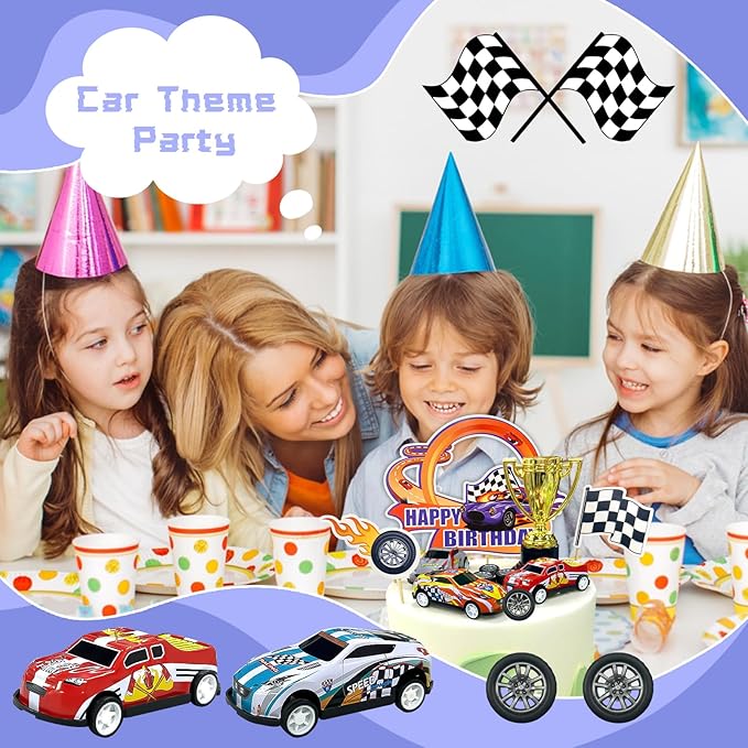 MEMOVAN Race Car Birthday Cake Decoration 24PCS Racing Car Cake Toppers Checkered Flag Cars Cake Cupcake Decorations for Man Boy Kid Racing Cars Theme Birthday Supplies Party Favors