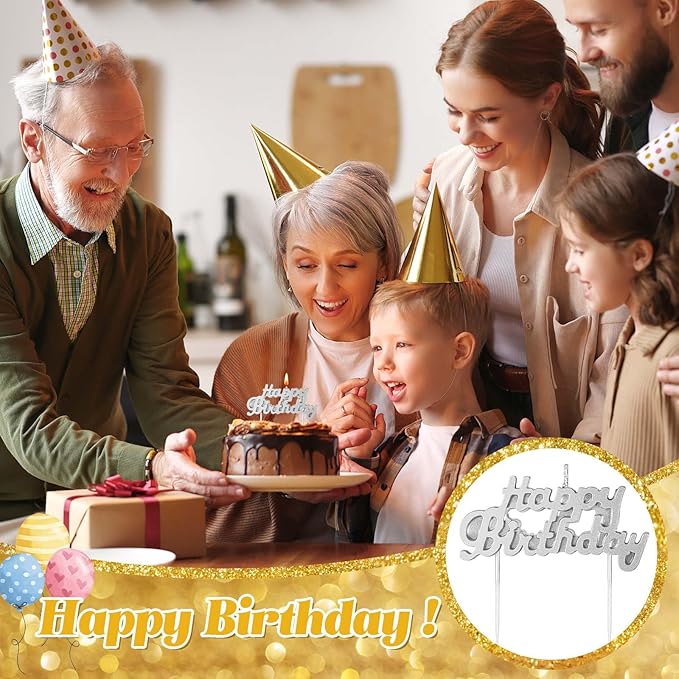 MTLEE Happy Birthday Candles Letter Cake Topper with 10 Pcs 2.95 Inch Short Thin Spiral Candles for Cake Topper Birthday Decoration Party Supplies(Silver)
