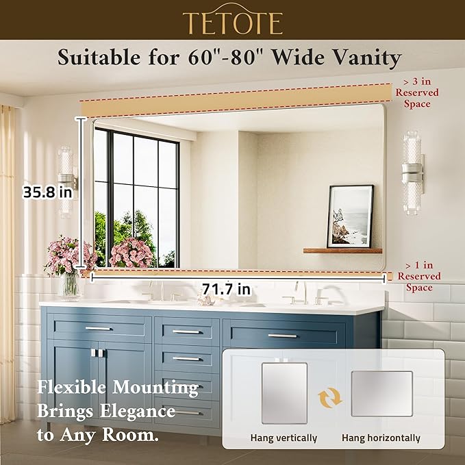 TETOTE 72 x 36 Inch Brushed Nickel Mirror Metal Framed Bathroom Mirror, Tempered Glass, Modern Farmhouse Wall Mounted Mirror for Decorative(Horizontal/Vertical)