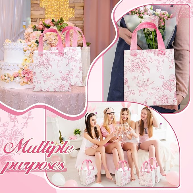 Sweetude 16 Pcs Pink Floral Gift Bags with Handles, Reusable Non-woven Tote Bags, Pastel Spring Flower Party Favors for Graduation, Wedding, Baby Shower, Bridal Shower, Birthday