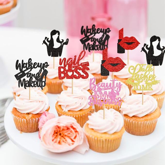 Ercadio 24Pcs Makeup Girl Cupcake Toppers Make-up Artist Cupcake Picks Beautiful is My Business Food Picks for Makeup Girl Birthday Cupcake Decors Cosmetics Make-up Party Supplies