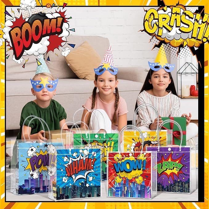 Teenyyou 24 Pcs Hero Clear Favor Bags with Handles Hero Party PVC Treat Plastic Gift Bags for Birthday Party Rewards Supplies