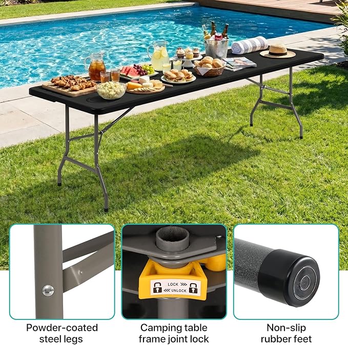 8Ft Folding Table - Heavy Duty Portable Camping Table for Backyard BBQ, Picnic Party, Tailgating & Indoor Events - Water-Resistant Top, Sturdy Steel Frame, Anti-Tip Design, Easy Clean, Black