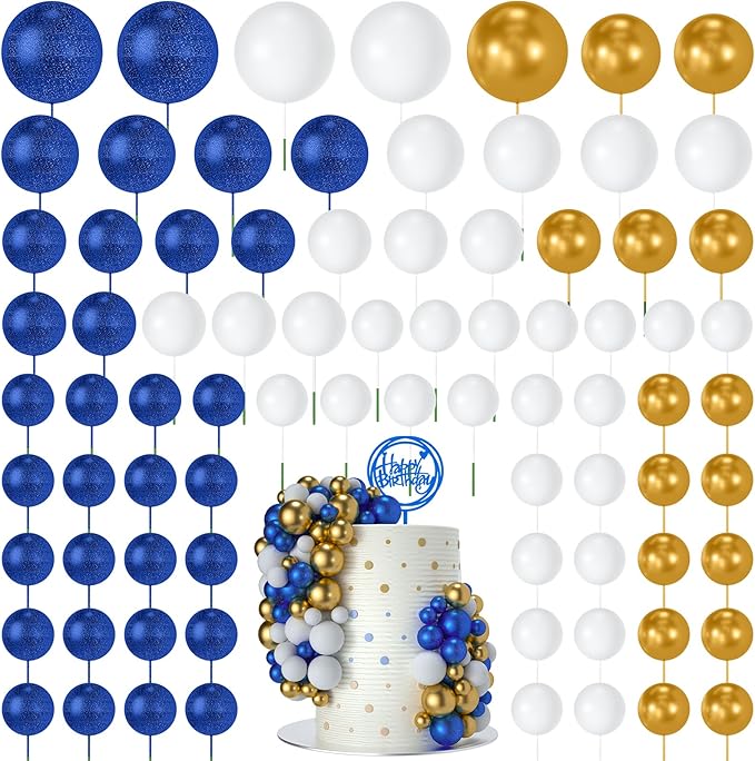NACHLYNN 80 Pcs Cake Balls Decorations Mini Balloon Cake Topper Balls Foam Cupcake Toppers Balls for Cake Decorating Birthday Parties Weddings Anniversary (Glitter Blue Gold White)