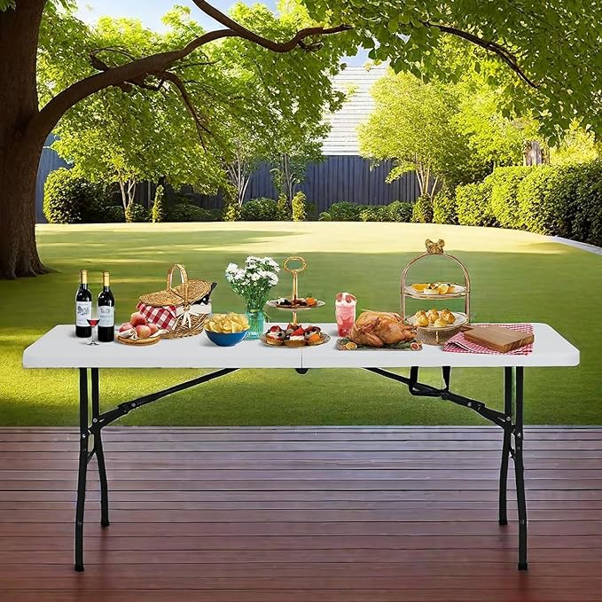 6Ft Folding Table, Portable Party Tables for Outdoor/Indoor, Heavy Duty Foldable Table 6 Foot Long, No Need Assembly Fold-in-Half Plastic Tables for Party, Event, Camping, Picnic (6ft, White)