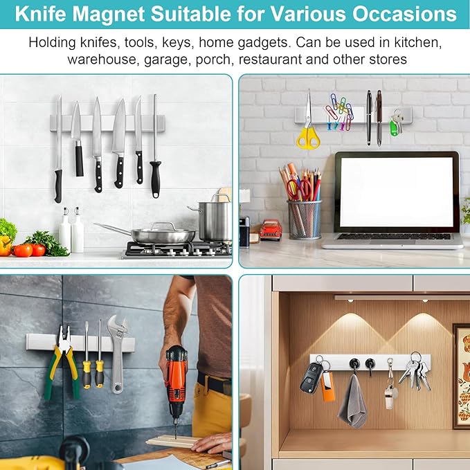 Magnetic Knife Holder for Wall, No Drilling Magnetic Knife Strip Adhesive Knife Holder Magnet Knife Bar, Wall Mount Knife Rack Block Metal Tool Holder for Utensils RV Kitchen Organization, 14 Inch