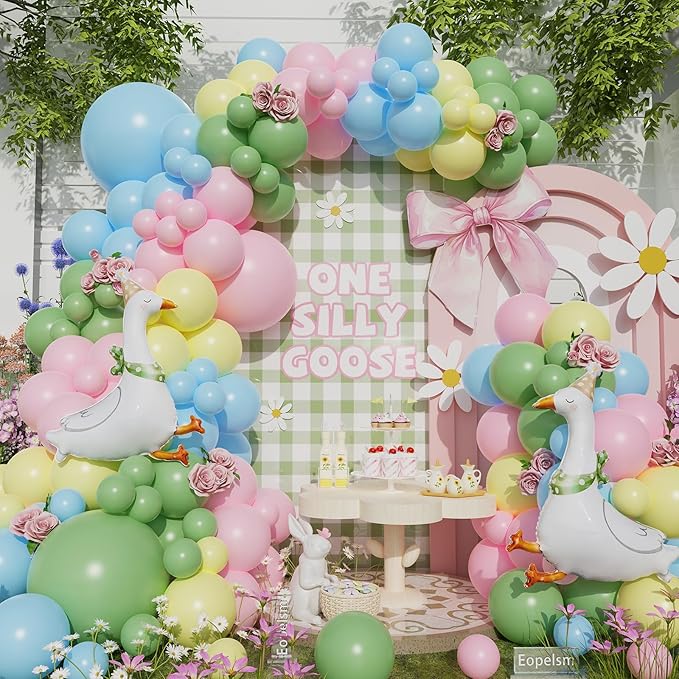 Goose Party Decorations 140pcs Sage Green Pastel Macoron Pink Blue Yellow Balloons with Goose Foil Balloons for Spring Baby Shower Gender Reveal One Silly Goose Birthday Party Supplies