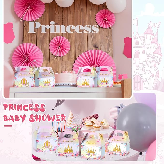 Nezyo Princess and Prince Treat Boxes - Pink & Blue Crown Cardboard Goodie Boxes for Birthday Party Favors(24 Pcs,Princess)