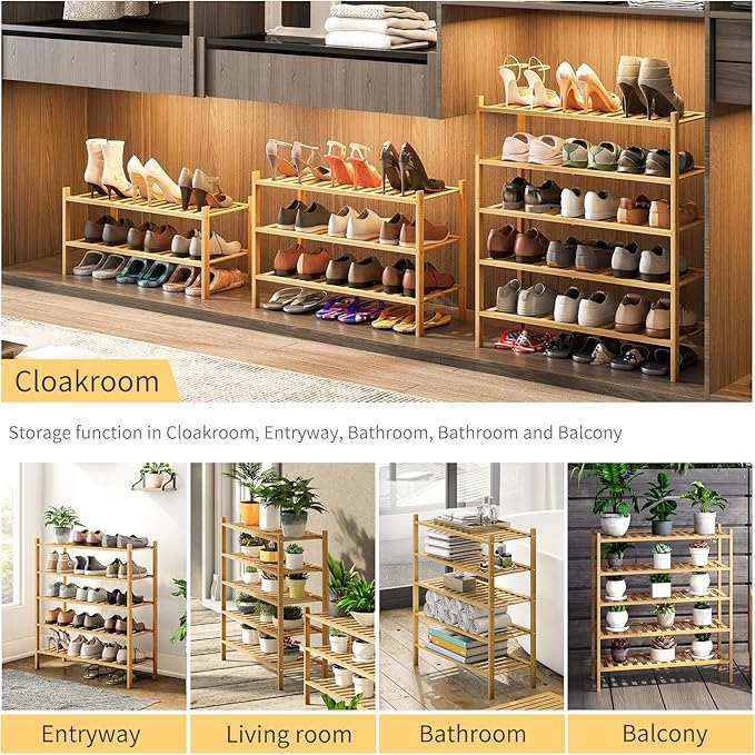 5-Tier Bamboo Shoe Rack for Entryway, Stackable | Heavy Duty | Multi-Function, Free Standing Shoe Racks for Bedroom Hallway Closet