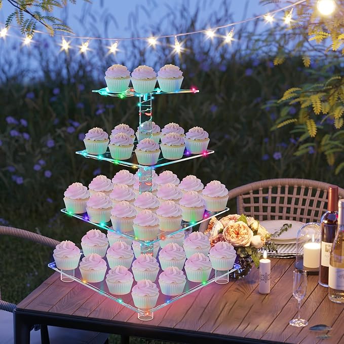 YestBuy 4-Tier Acrylic Cupcake Stand for 50 Cupcakes with Colorful LED Lights and 4.7" Clear Tiers, Perfect for Weddings, Birthdays and Dessert Tables