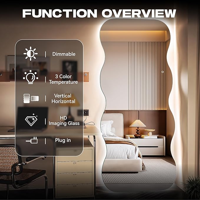 Hasipu Wavy Full Length Mirror with Lights - 71"×31" LED Wavy Floor Mirror, Frameless, Dimmable, Standing or Vertical/Horizontal Wall-Mounted Mirror for Bedroom, Living Room, Cloakroom