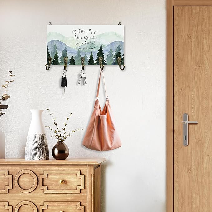Rustic Cabin Mountain Decor Key Holder for Wall 10"x5.12", Mountain House Key Hanger Wall Mount, Of All the Paths You Take in Life Camp Wooden Hanging Keys Holder Decor for Entryway Front Door