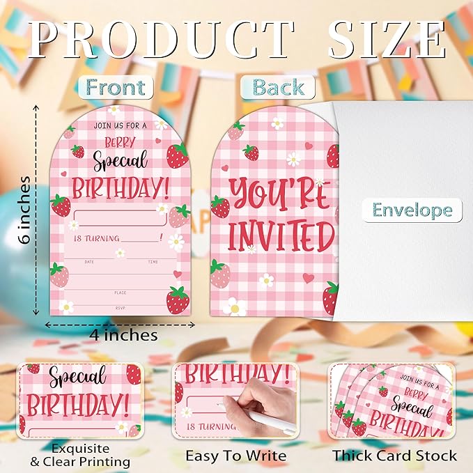 Special Berry Birthday Party Invitations, Strawberry Party Invitations for Girls, 20 Fill-In invites with Envelopes, Strawberry Theme Birthday Party Favor & Decoration (arch)