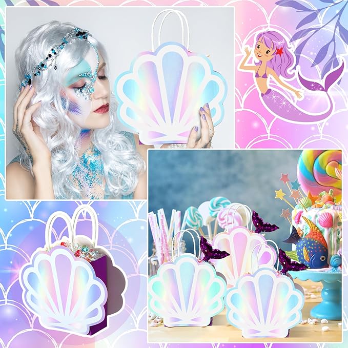 Locmeo 12 Pack Holographic Sea Shell Gift Bags Mermaid Party Favor Bags with Iridescent Shell Paper Cards for Mermaid Themed Supplies Ocean Under The Sea Party Favors