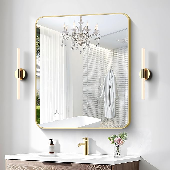 Gold Bathroom Mirror,30x36 inch Wall Mirror for Bathroom Wall Mounted,Round Rectangle Mirror for Bathroom Over Sink,Modern Frame for Home Decor Living Room,Bedroom Entryway,Horizontal/Vertical