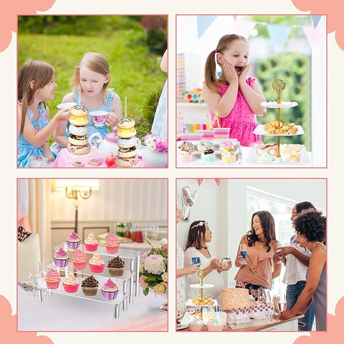 FillTouch 10 Pcs Dessert Table Display Set Including Cupcake Stand Holder Tier Tower, Serving Tray Combo, 21 Holes Lollipop Display Stand, Donut Bagel Stand, 3 Tier Large Shelf Risers, Food Clip
