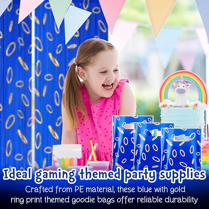 Faccito 40 Pcs Video Game Party Favors Bags Blue with Gold Ring Print Themed Goodie Bags Candy Snack Treat Plastic Supplies for Birthday Game Party Decorations Gifts