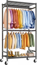 Raybee Clothes Rack, Clothing Racks for Hanging Clothes, Rolling Clothes Rack with Adjustable Rod, Double-tier Garment Rack with Wheels, Metal Portable Closet for Bedroom, Laundry, Black