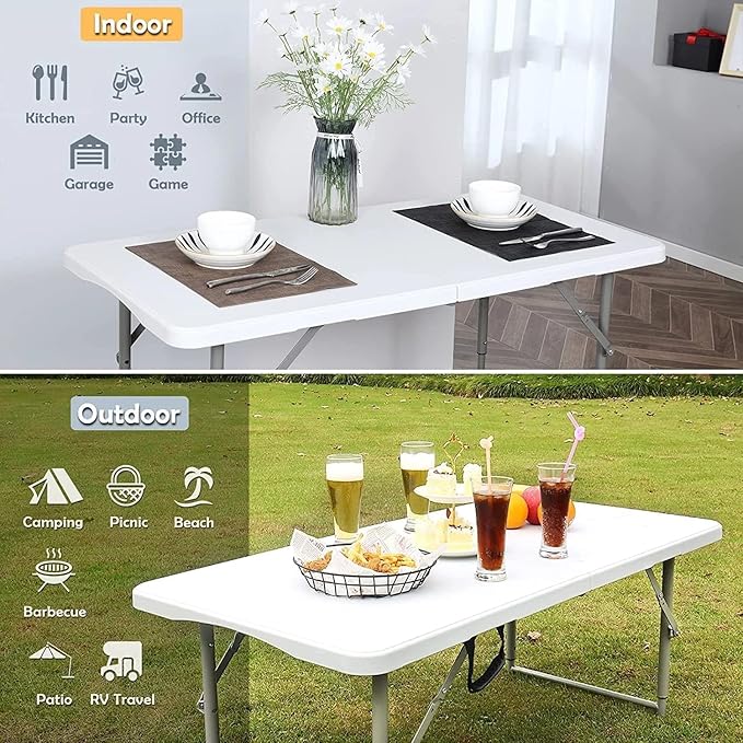 4 Foot Folding Table Adjustable Height 22-30 Inch, Heavy Duty Fold in Half Plastic Table with Steel Legs, Portable Indoor Outdoor Table for Picnic, Camping, Dining, Party