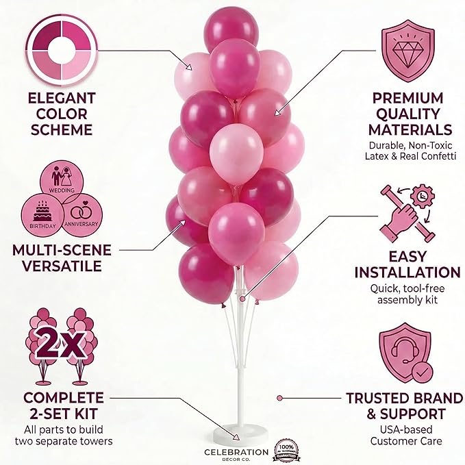Balloon Column Kit Set of 2,5FT Balloon Tower Stand with Water Fillable Base&Pole,Pink Pillar Backdrop Decoration for Birthday,Baby Shower,Wedding,Bachelorette Party