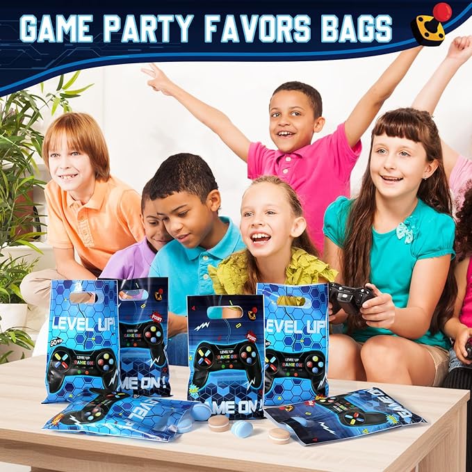 Pajean 50 Pcs Video Game Party Pouch Game on Party Favor Bags Goodie Gift Plastic Treat Candy Pouch Bulk with Handle for Kids Boy Birthday Baby Shower Supplies(Blue)