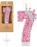 PHD CAKE Birthday Number Candles,Pink Crown Birthday Candles for Cake,Glitter Number 7 Candle Cake Topper with Sequins for Girls,Women, Anniversary Celebrations Supplies