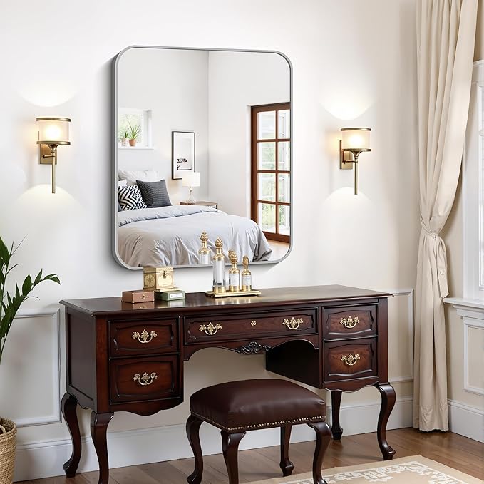 FORBATH 30x36 Inch Silver Bathroom Mirror for Over Sink, Large Rectangular Wall Mirror with Metal Frame, Rounded Corners for Bathroom, Bedroom, Entryway Decor (Horizontal or Vertical)