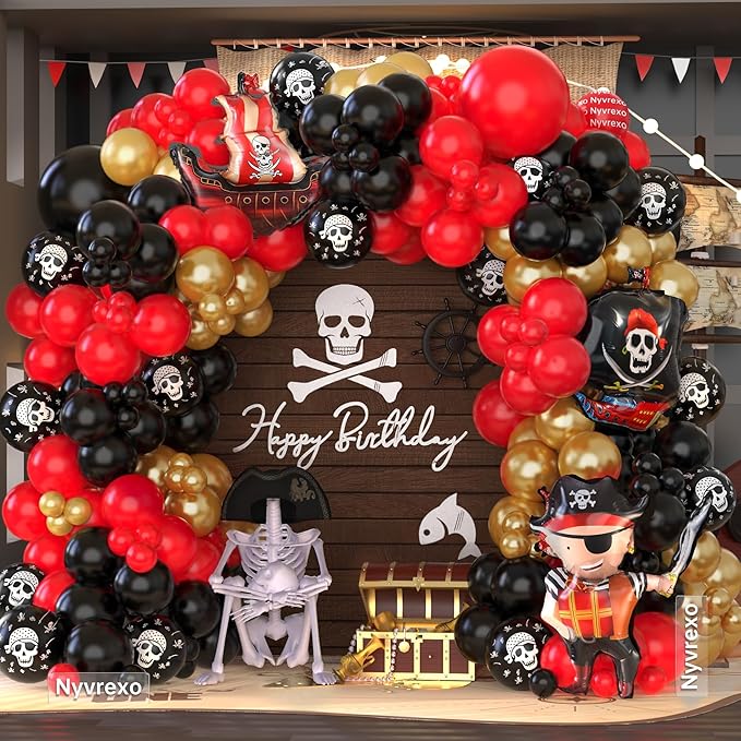 Pirate Birthday Party Decorations, 142Pcs Red Black Metallic Gold Balloon Garland Arch Kit Pirate Ship Foil Mylar Balloon for Halloween Pirate Summer Pool Sea Sailing Adventure Ocean Theme Party