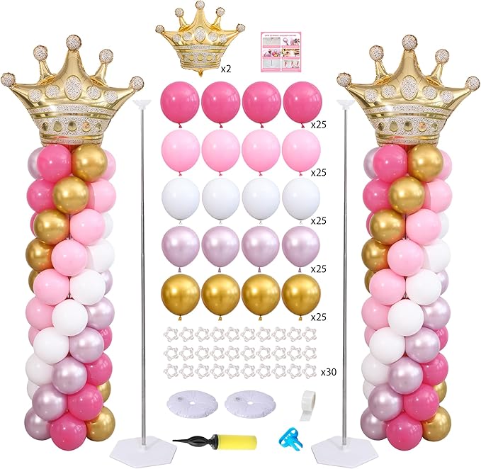 Princess Pink and White Gold Balloon Column Stand Kit Set of 2 for Floor Princess Birthday Party Balloon Arch Kit with 125PCS Hot Pink White Gold Balloon Towers for Girl Birthday Party Decorations