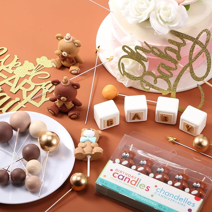 Beeveer 42 Pcs Bear Balls Cake Toppers Bear Cake Decorations Brown Candle Decorations Supplies for Birthday Party Wedding Baby Shower