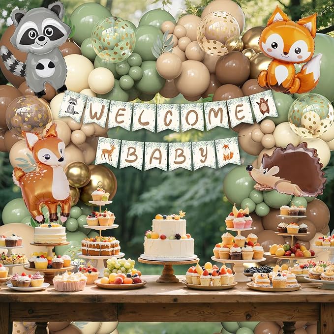 167Pcs Woodland Animals Baby Shower Decorations, Woodland Balloon Garland Arch Kit with Welcome Baby Banner Sage Green Brown Neutral Forest Animal Foil Balloons for Forest Safari Jungle Party Supplies