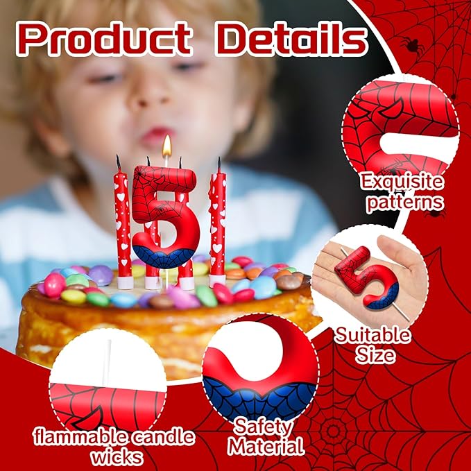 Spider Themed Birthday Candles Number 5 Red Blue Spider Web Themed Cake Topper Candle Party Decoration Birthday Party Celebrations Supplies Favors(Number 5)
