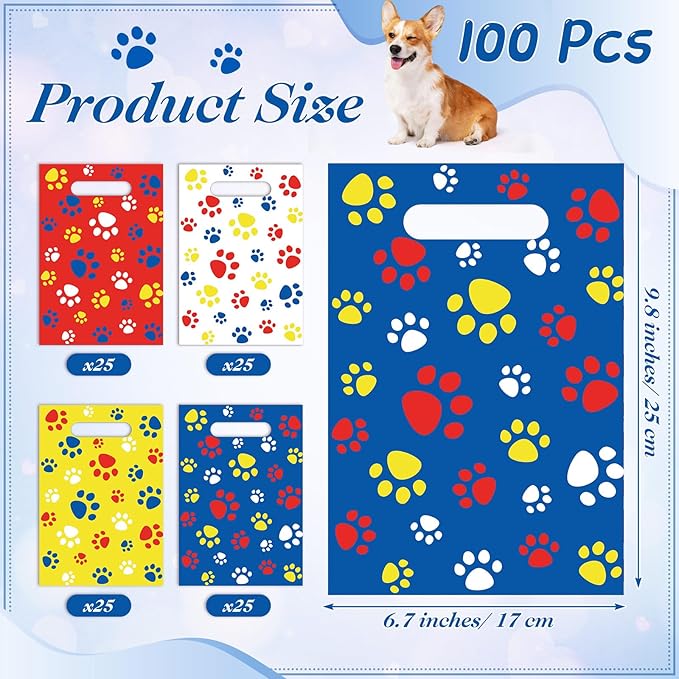 Pasimy 100 Pcs Dog Paw Gift Bags Bulk Pet Paw Puppy Plastic Treat Favor Candy Goodie Bags with Handle for Dog Birthday Party Decoration Supplies (Dark Blue Yellow Red)
